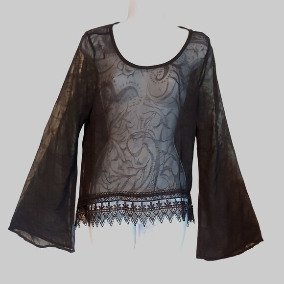 Mona B Smoky Black Sheer Witchy Whimsygoth Grunge Rocker Metal Top Lace L - Picture 1 of 16